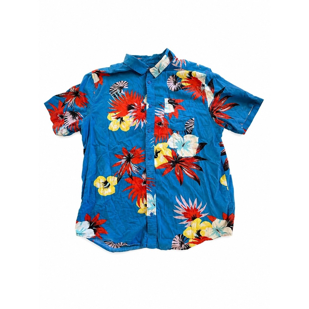 RVCA Men's Floral Hawaiian Short Sleeve Button Up Shirt Blue Tropical Sz L
